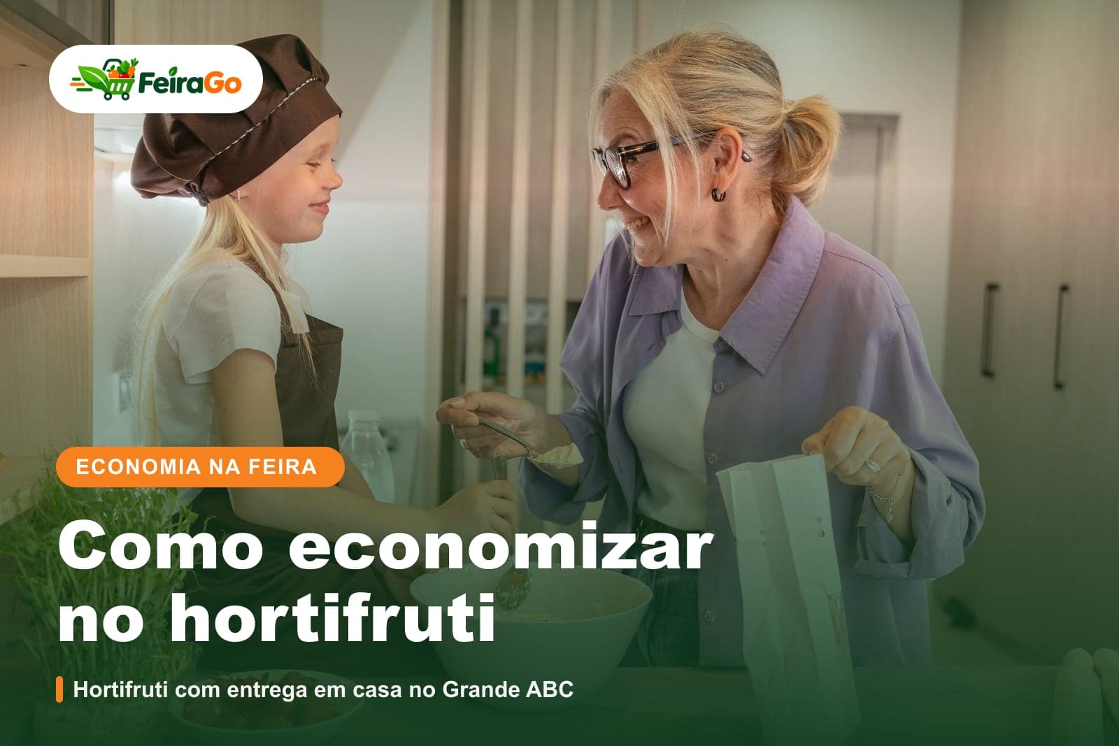 Mulher e uma menina cozinham juntas, ao lado de um saco de papel com compras