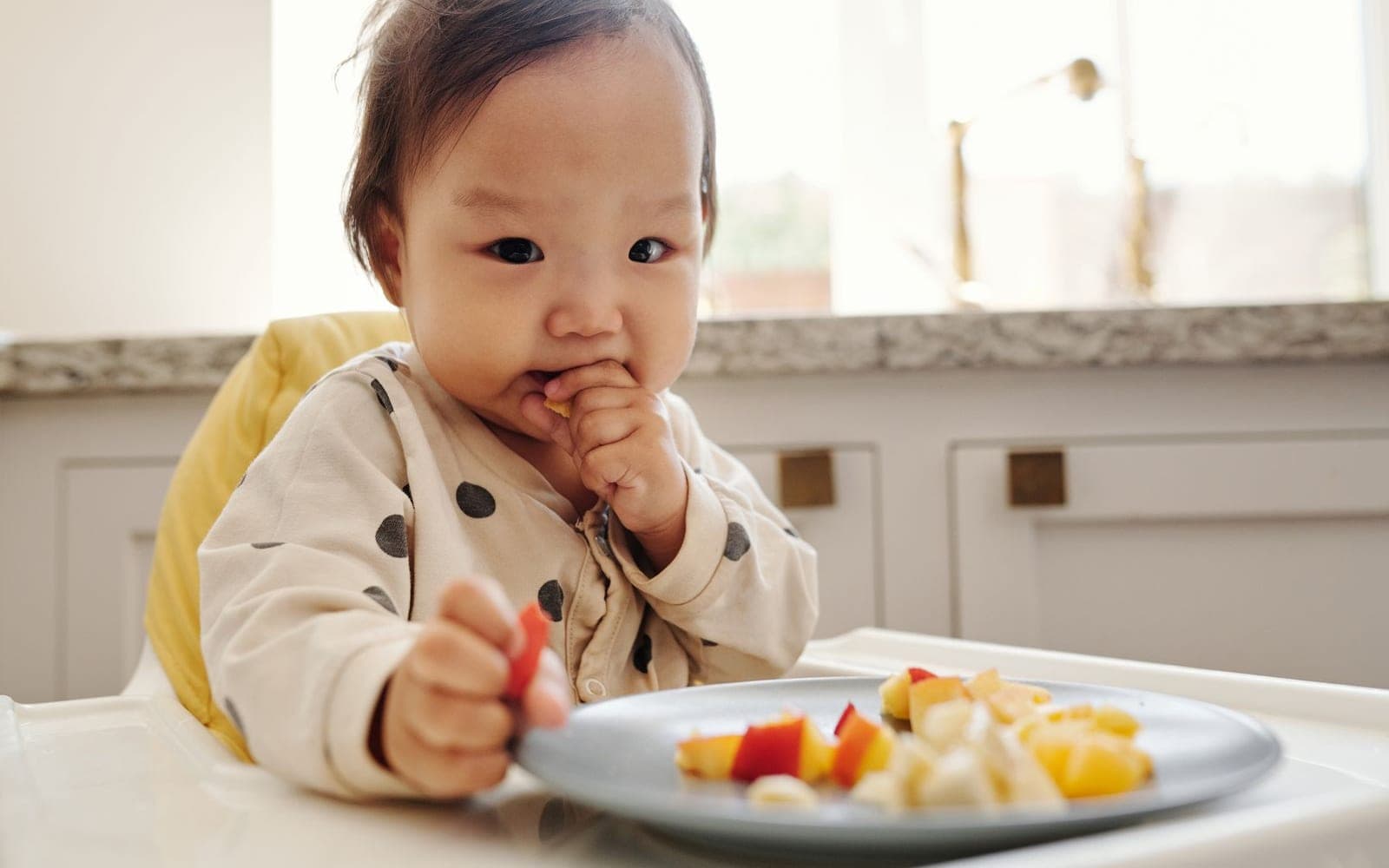 Bebê em cadeirinha comendo pedaços de frutas coloridas em um prato