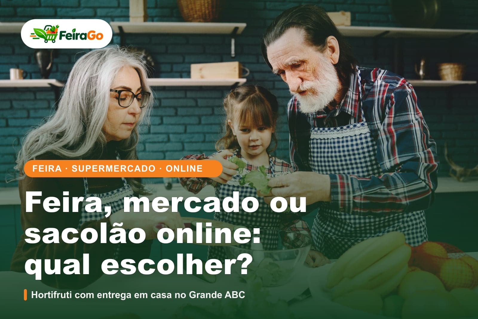 Avós e uma criança cozinham juntos em uma cozinha com parede de azulejo azul