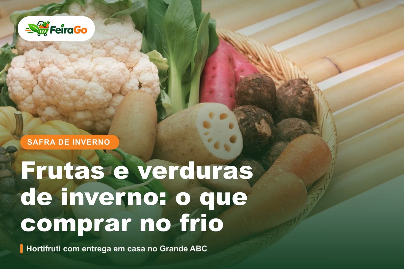 Cesta com couve-flor, abóbora, cenoura, batata-doce, raiz de lótus e cogumelos