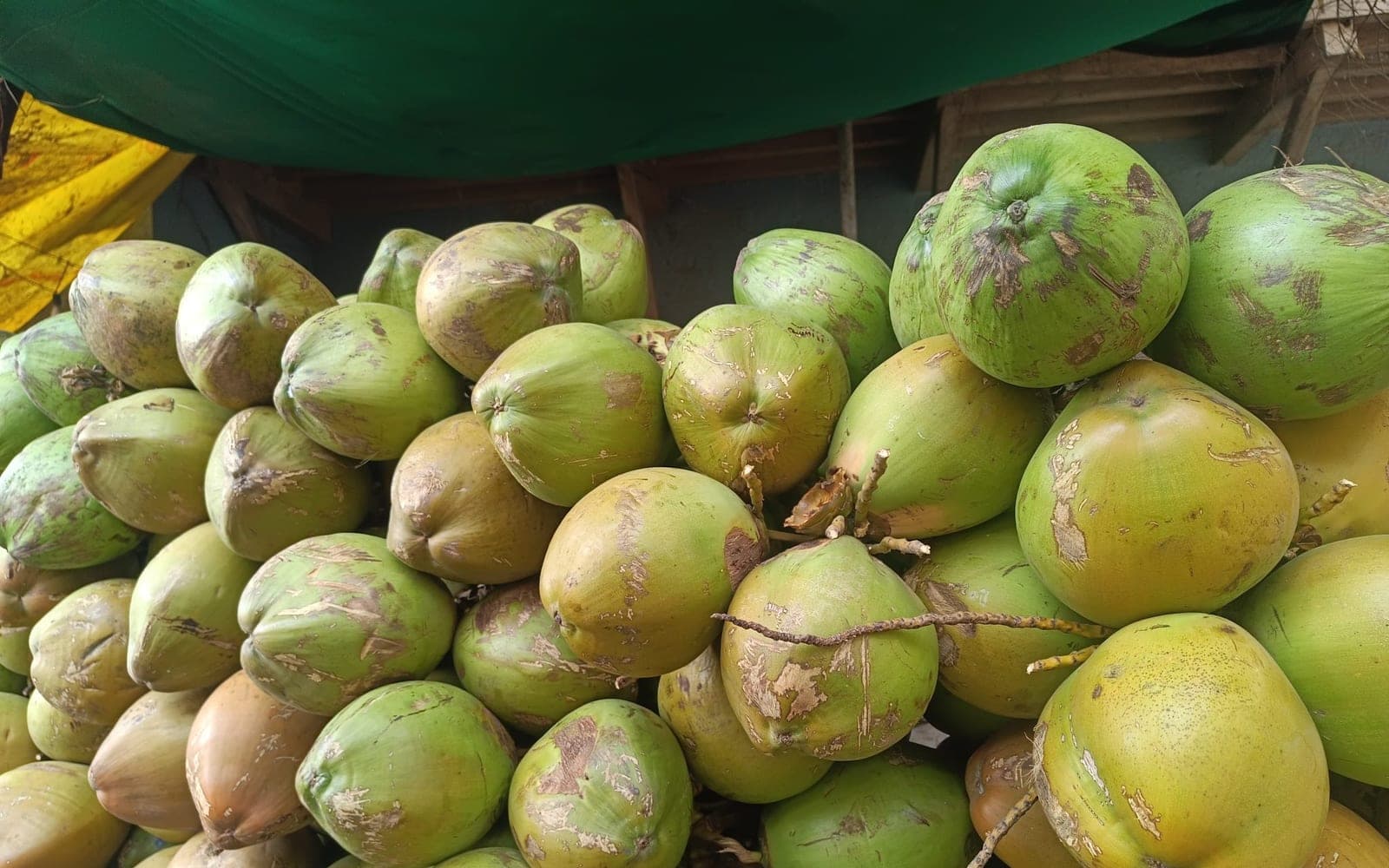 Pilha de frutas verdes e redondas empilhadas em uma banca de mercado