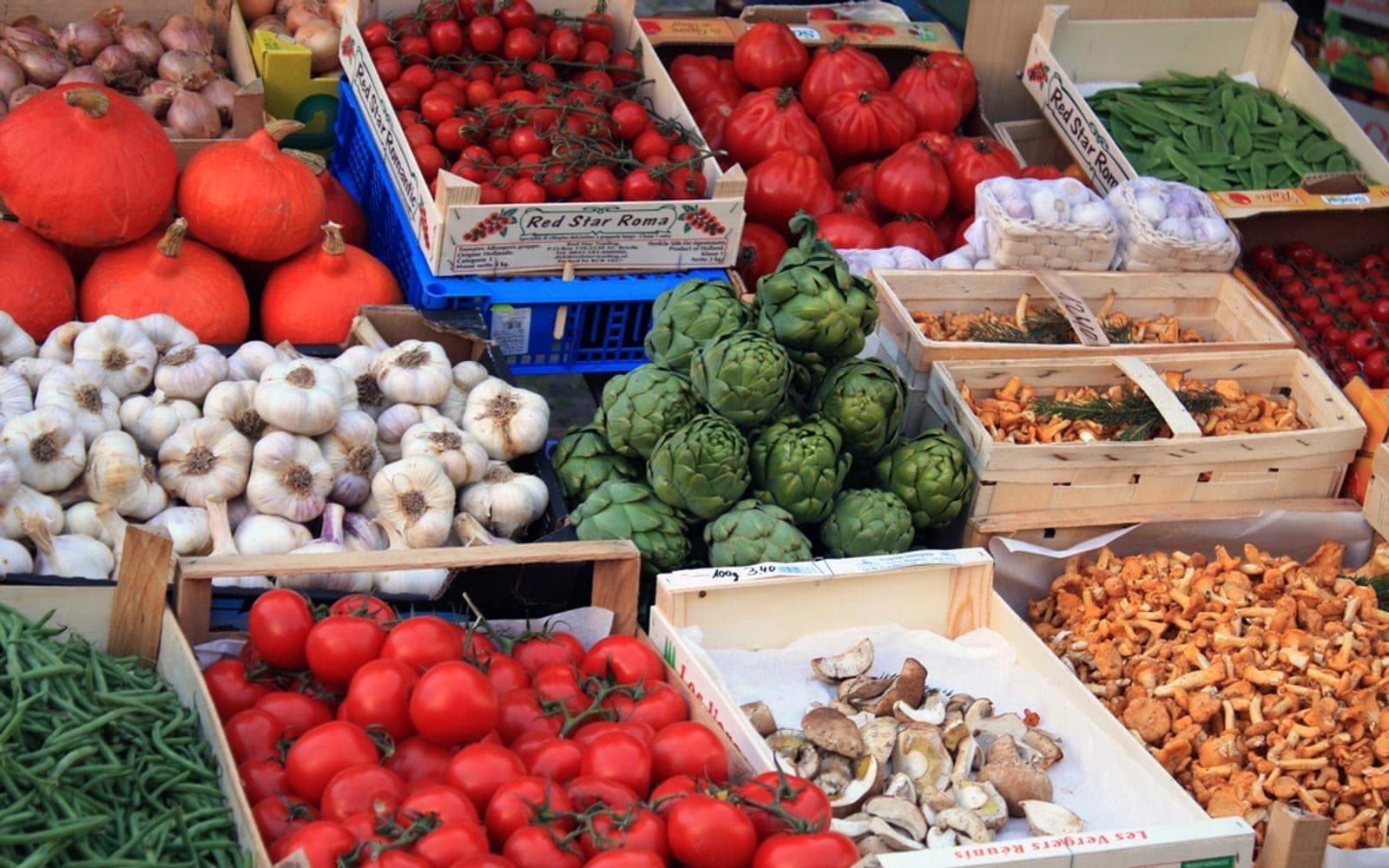 Caixas de alho, alcachofra, tomates e cogumelos lado a lado em uma banca