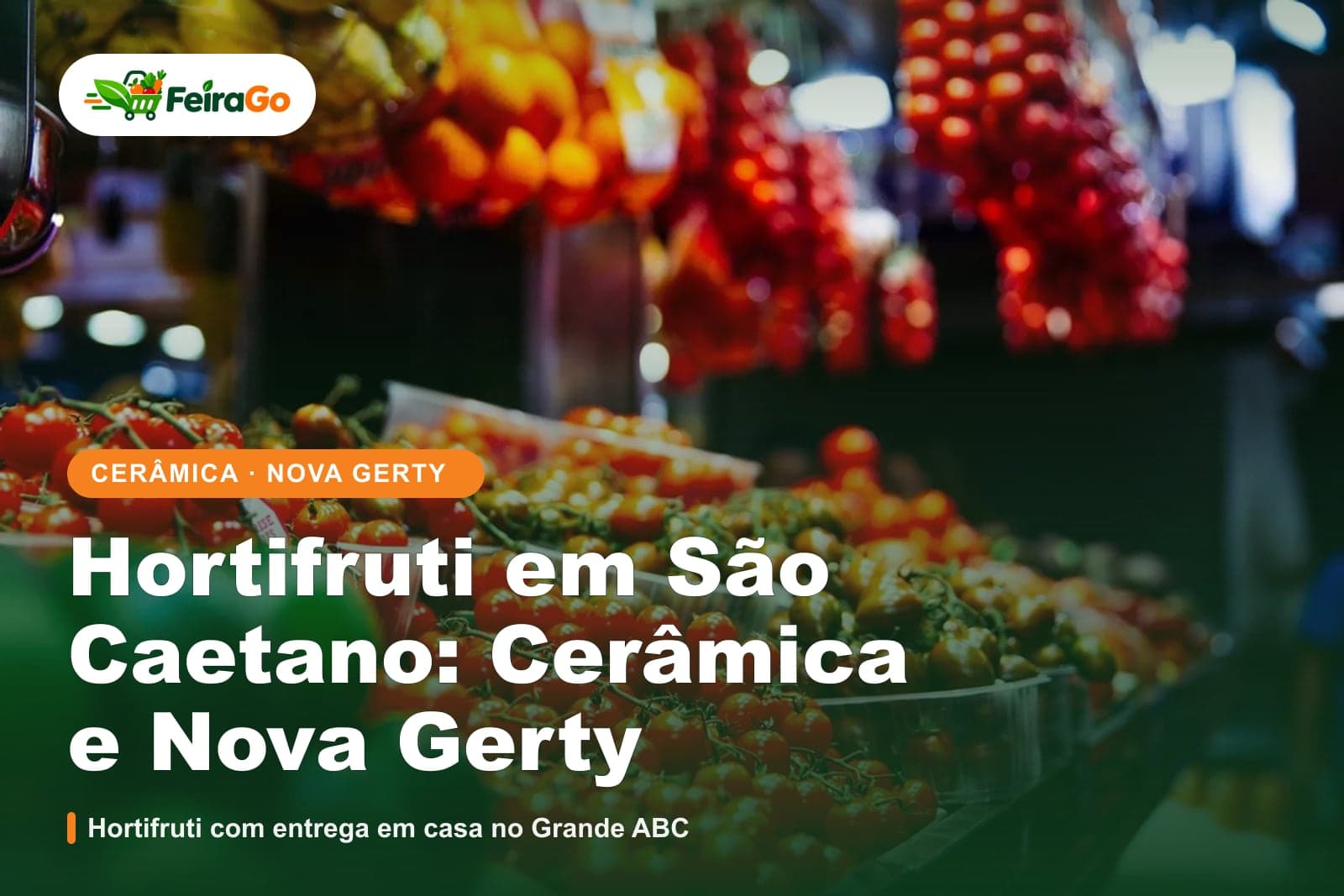 Banca de mercado com tomates vermelhos em cachos e pimentões verdes