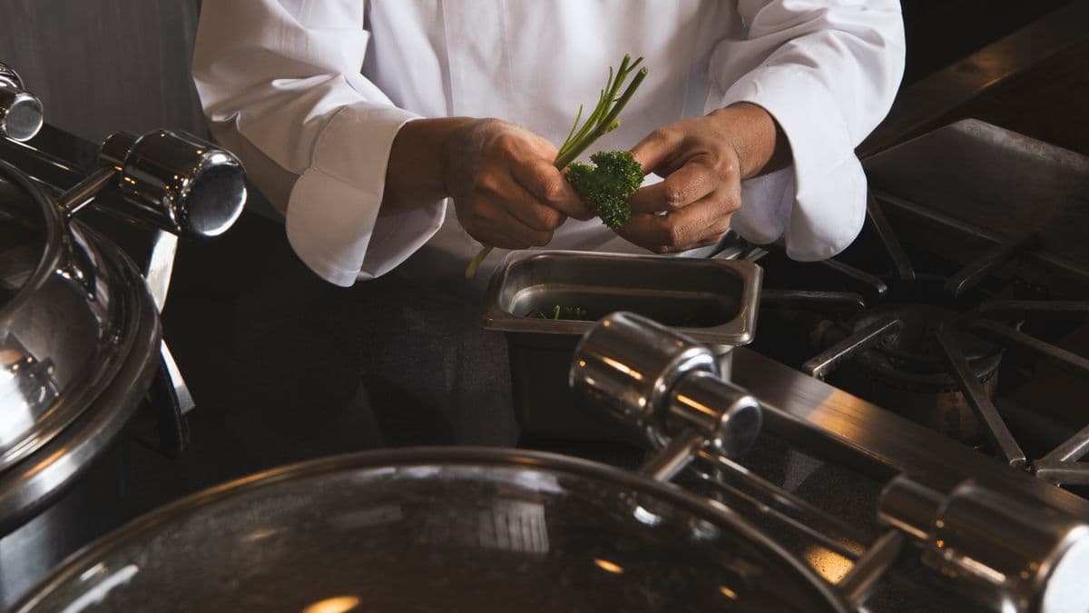 Cozinheiro de dólmã separando ramos de salsinha fresca ao lado do fogão