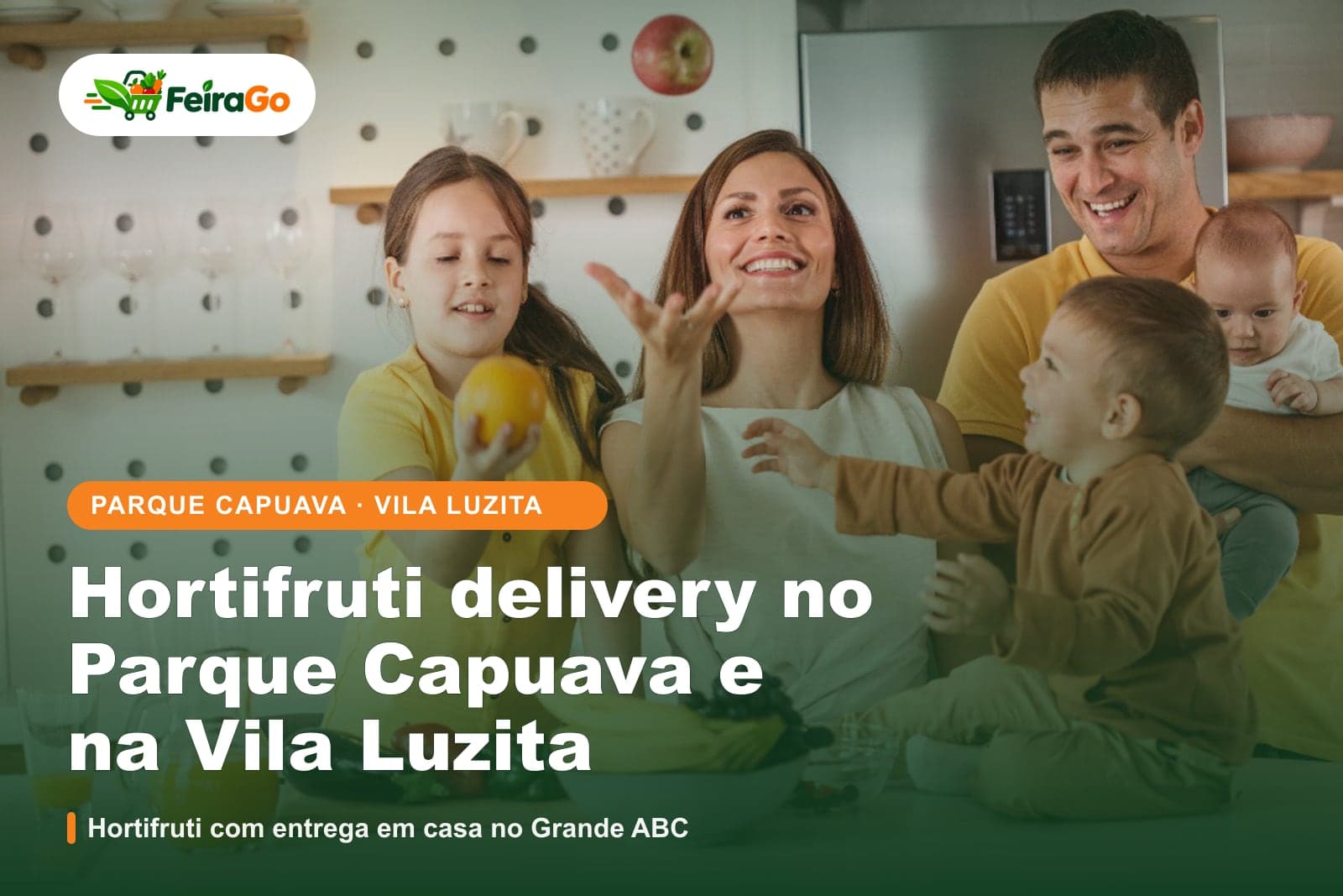 Família reunida na cozinha, com uma menina de amarelo segurando uma laranja