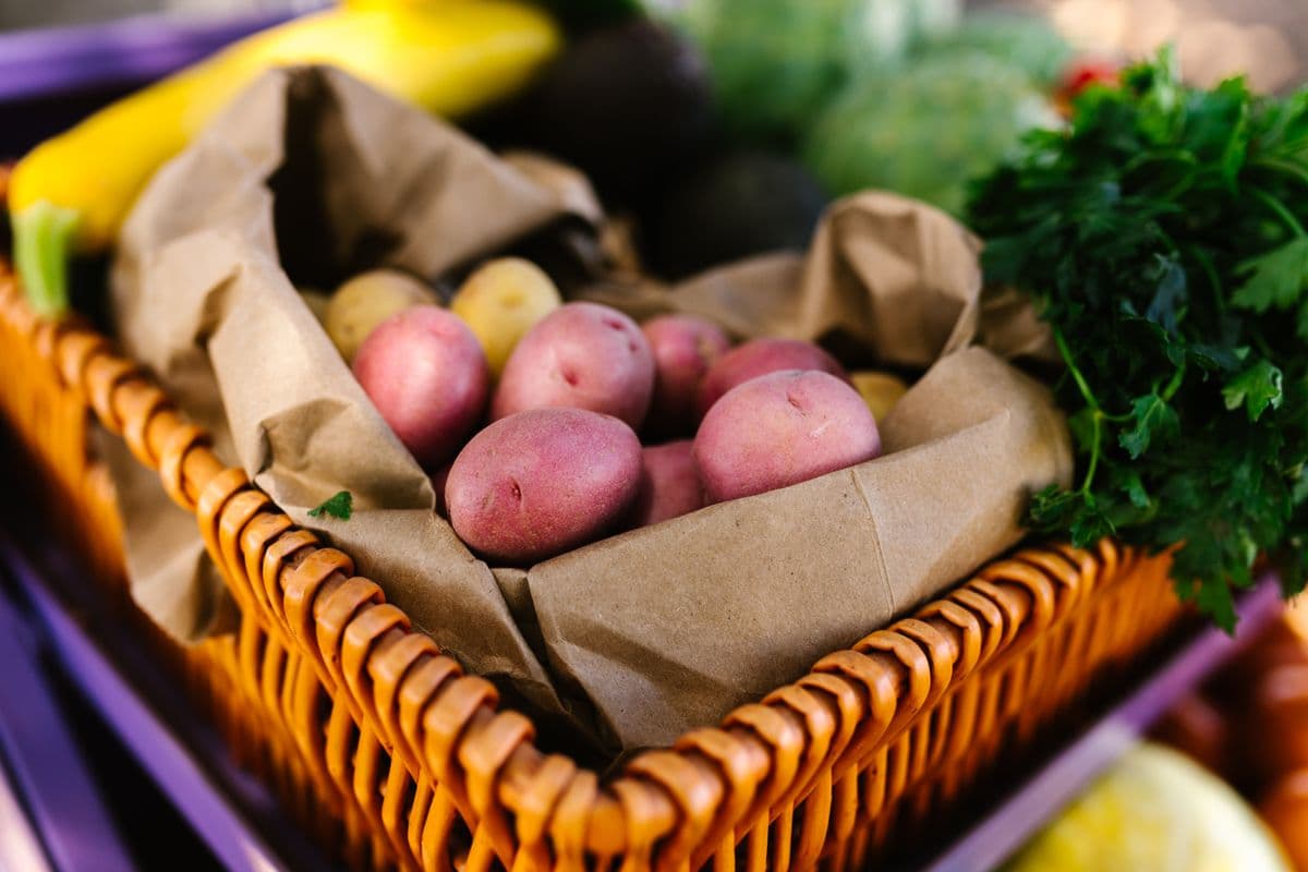 Cesta de vime forrada com papel, cheia de batatas, com salsinha e abóbora ao lado