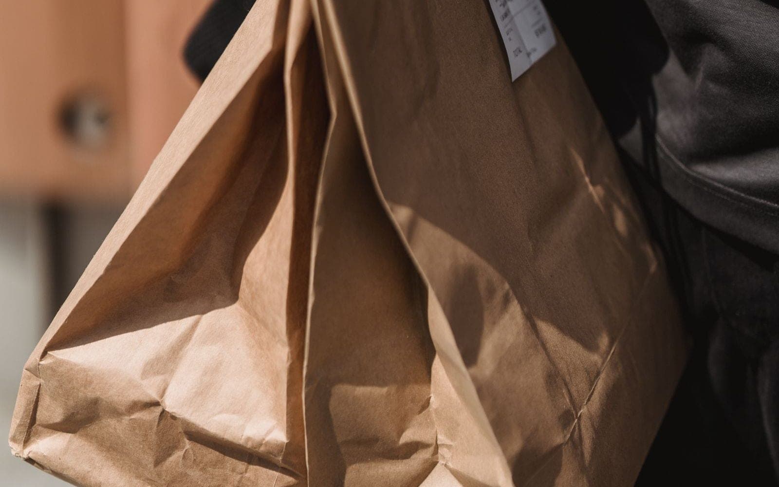 Sacola de papel kraft grande com compras segurada por uma pessoa