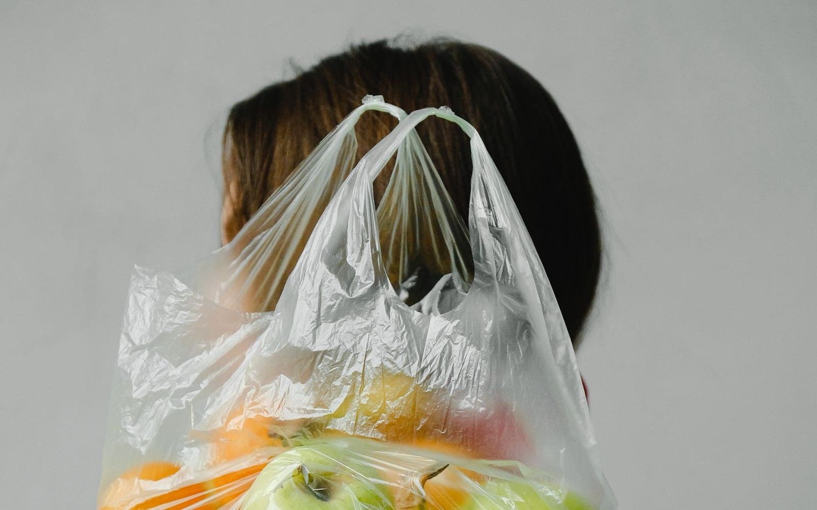 Pessoa carrega uma sacola plástica transparente cheia de frutas