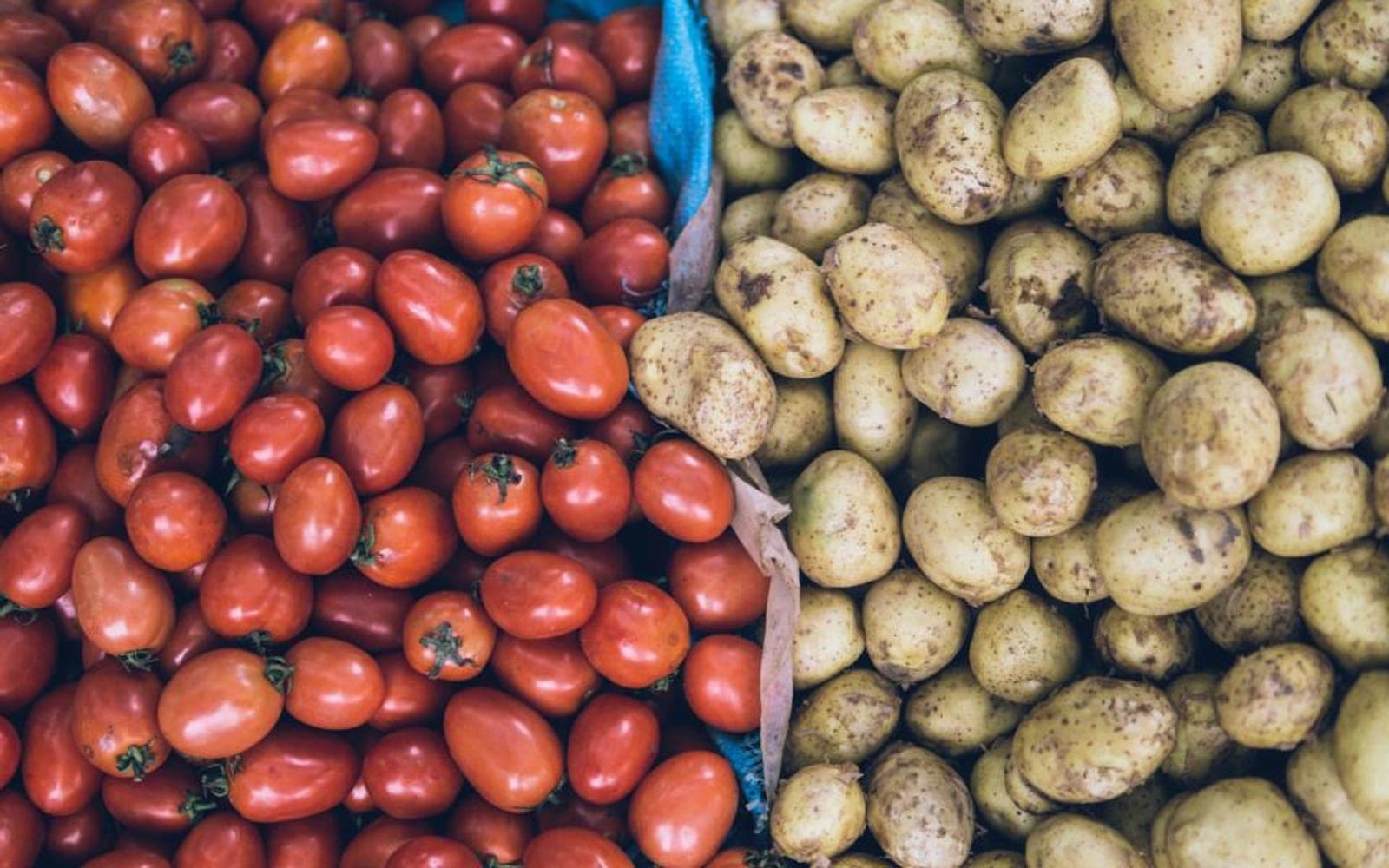 Dois montes lado a lado: hortaliças avermelhadas de um lado e batatas do outro