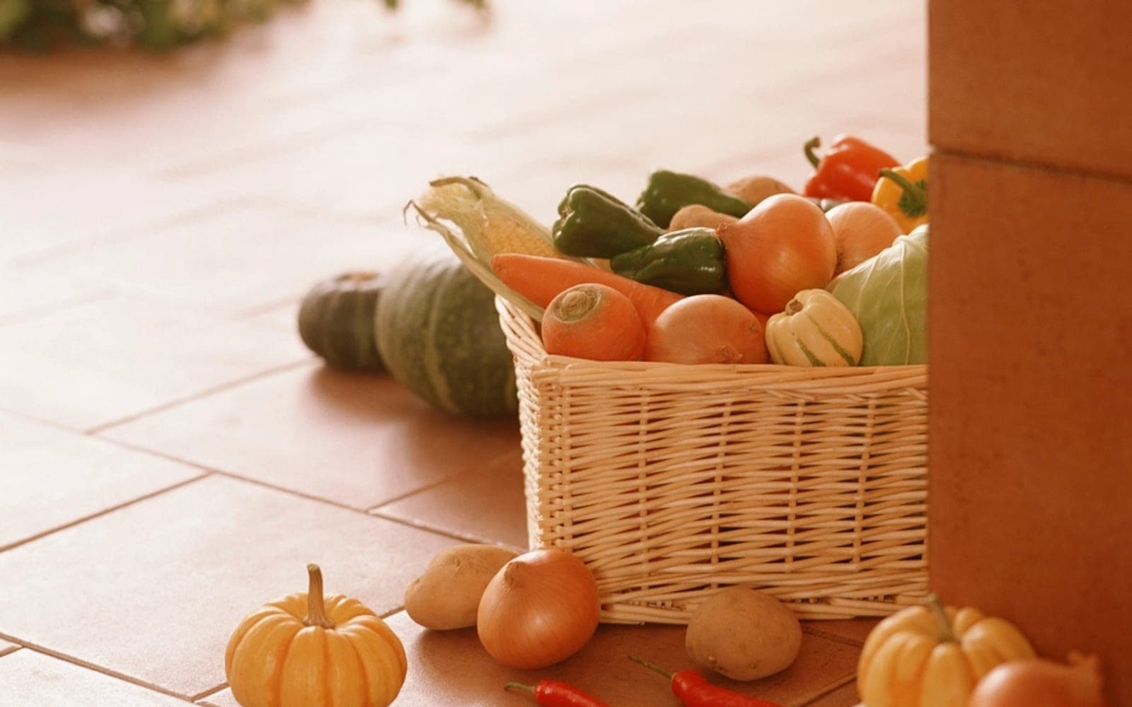 Cesta de palha com legumes e mini abóboras sobre um piso de cerâmica