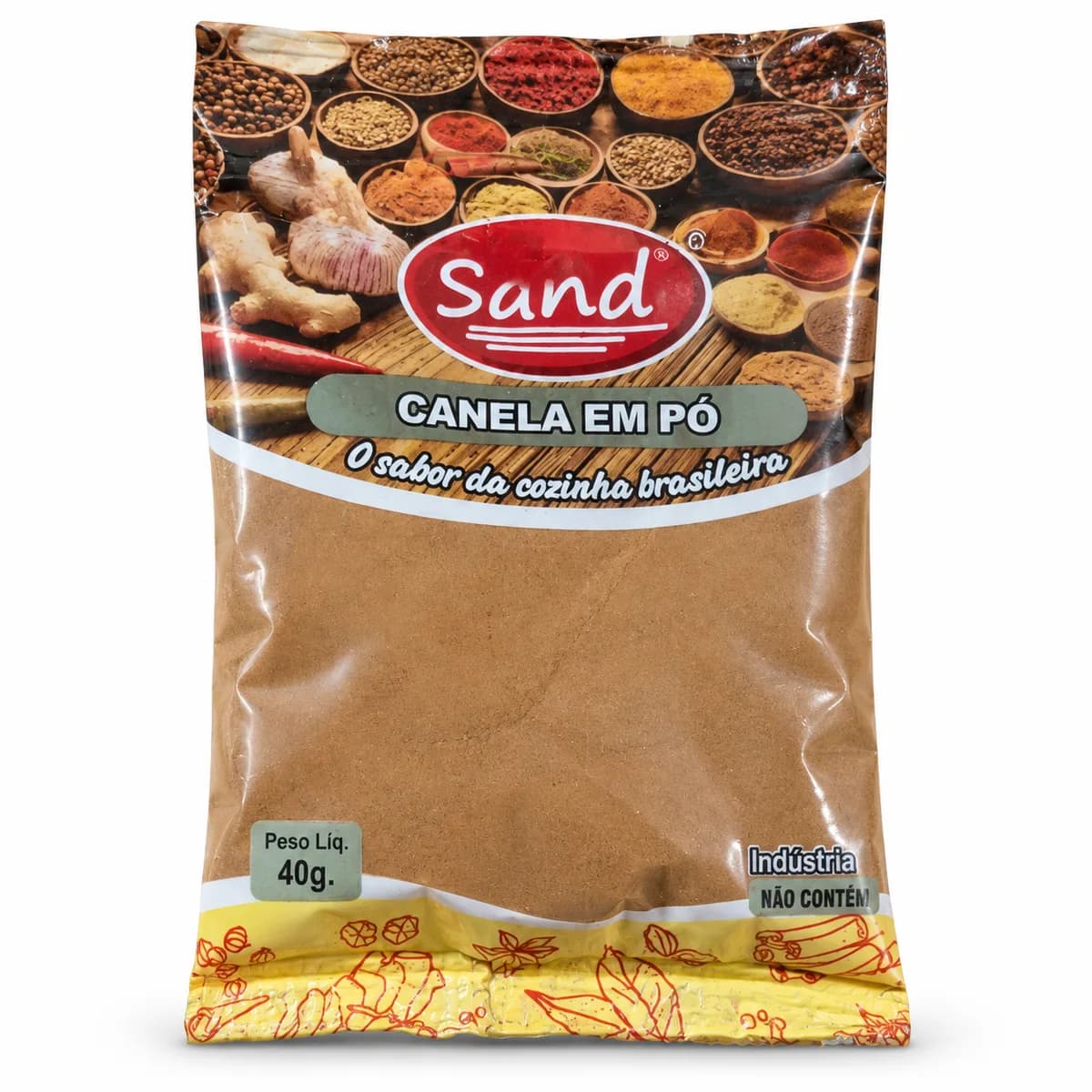 Canela em pó, textura fina e cor castanho-clara, dentro da embalagem transparente.