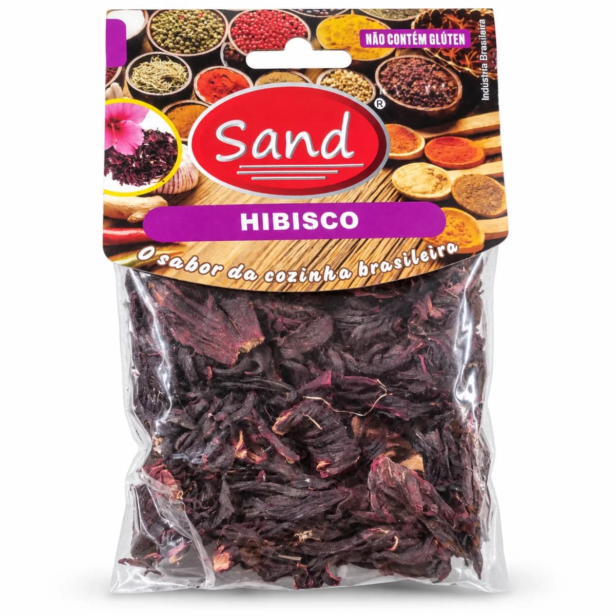 Pétalas de hibisco desidratadas, de cor vermelho-escura, dentro da embalagem transparente.